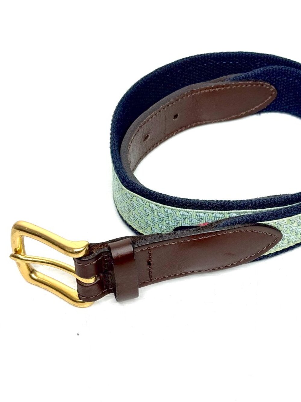 VINEYARD VINES Canvas Whale Leather Solid Brass Buckle Golf Belt Mens 32